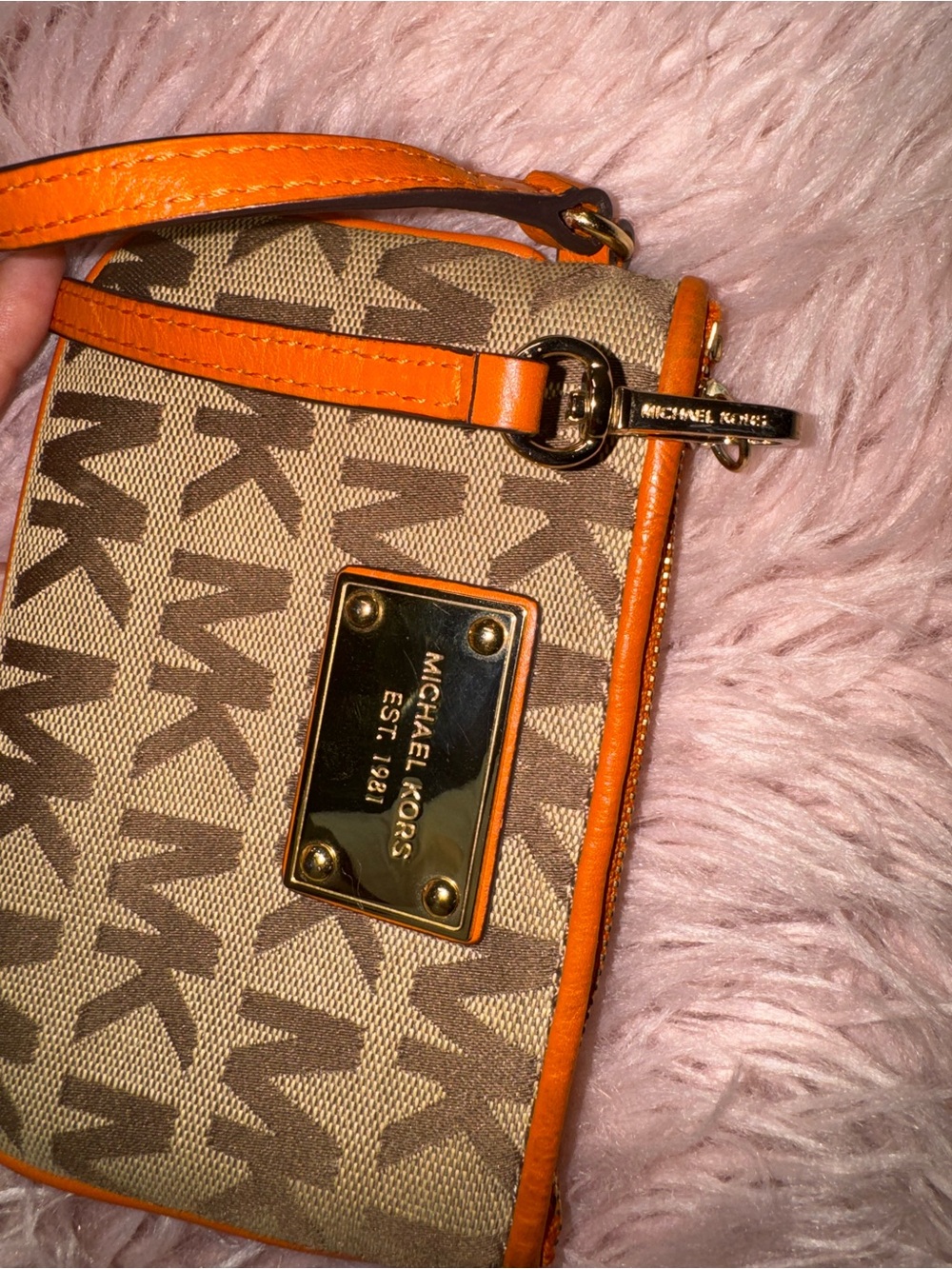 Michael Kors MK Wristlet Signature Logo Cavas Pattern with Orange Leather Trim. - Picture 4 of 7